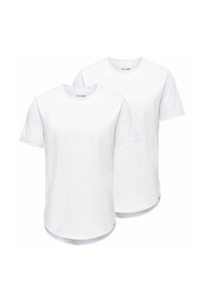 Two plain white short-sleeve crew neck t-shirts with rounded hems, shown front and back on a white background.
