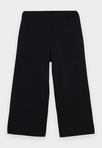 Mustad laiad püksid elastse vöökohtaga. Valmistatud siledast kangast, lihtsa ja puhta disainiga, ilma taskuteta või kaunistusteta.