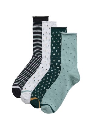 Cuatro pares de calcetines: negros con rayas, blancos con patrones coloridos, verde oscuro con diseño a cuadros y verde claro con pequeños motivos. Mezcla de algodón.