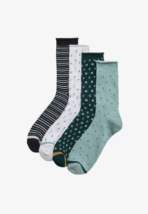 Cuatro pares de calcetines: negros con rayas, blancos con patrones coloridos, verde oscuro con diseño a cuadros y verde claro con pequeños motivos. Mezcla de algodón.