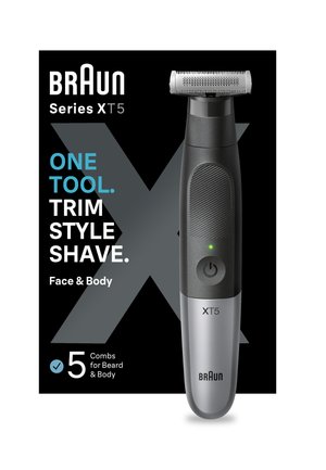 Tondeuse et rasoir électrique Braun Series XT5 pour visage et corps avec un outil et cinq peignes pour le style de la barbe et du corps.