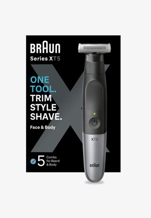 Tondeuse et rasoir électrique Braun Series XT5 pour visage et corps avec un outil et cinq peignes pour le style de la barbe et du corps.