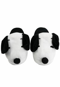 White and black plush slippers designed as dog faces, featuring floppy ears, embroidered eyes, and rounded noses for a playful appearance.
