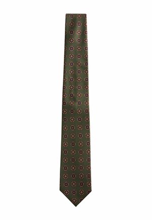 Green necktie with repeating geometric pattern of small squares and diamond shapes in blue, red, and beige.