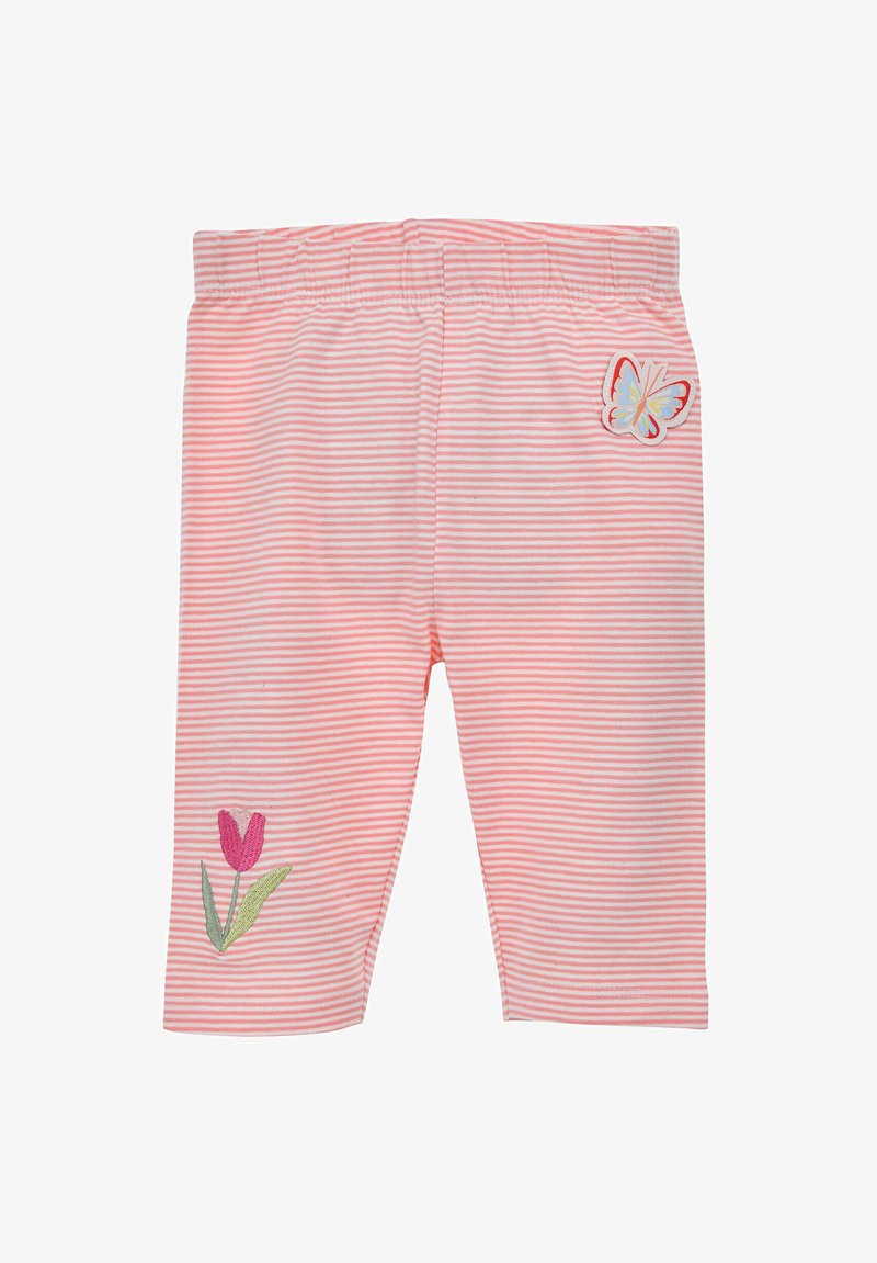 Leggings a righe rosa chiaro con vita elastica, dotati di ricami a forma di tulipano e farfalla sulla gamba inferiore.