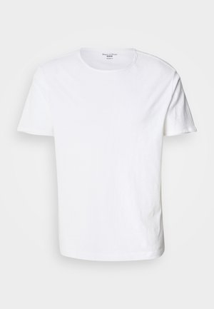 T-shirt bianca in cotone con colletto rotondo, maniche corte e orlo dritto. Il tessuto ha una texture liscia e senza motivi.