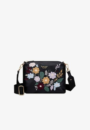 Schwarze Lederhandtasche mit floralem Stickerei in Weiß, Gelb, Pink und Weinrot. Mit goldfarbenen Metallteilen und einem verstellbaren Schultergurt.