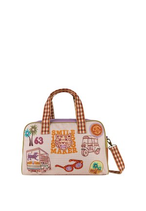 Rechthoekige tas met geruite handvatten, versierd met een tijgergezicht, palmbomen, een zonnebril, een zon, een tuk-tuk en een vrachtwagen met de tekst "Horn Please".