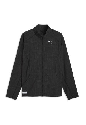 Veste légère noire zippée avec un motif quadrillé subtil, manches longues et logo Puma blanc sur la poitrine gauche.