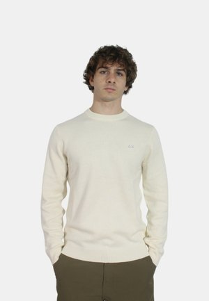 Maglione lavorato a maglia color crema con collo a girocollo a coste, maniche lunghe e dettaglio logo sul petto. Indossato sopra pantaloni verde oliva.