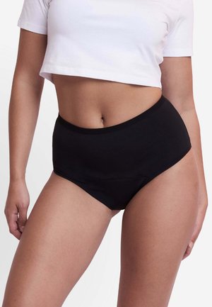 Zwarte high-waisted onderbroek van gladde stof, met een brede tailleband en naadloze randen voor een comfortabele pasvorm.