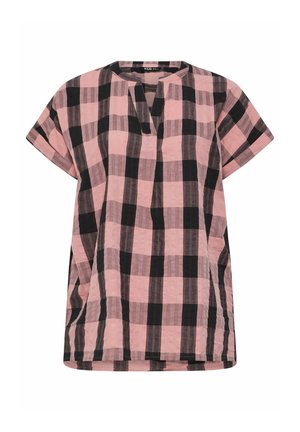 Kurzärmelige rosa-schwarze karierte Bluse mit V-Ausschnitt und lockerem Schnitt.