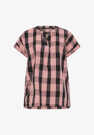 Korte mouwen roze en zwart geruite blouse met een inkeping bij de halslijn en een losse pasvorm.