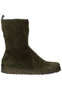 Olive green suede ankle boot with a textured rubber sole featuring a mix of dark and light flecks. Soft lining visible at the top.