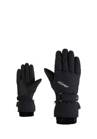 Gants d'hiver noirs avec un design texturé, sangle de poignet ajustable et doublure intérieure douce. Comprend un tissu élégant et un logo à l'arrière.