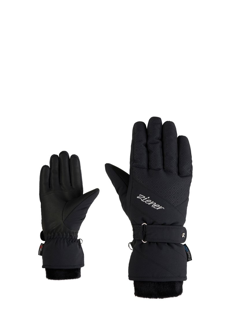 Gants d'hiver noirs avec un design texturé, sangle de poignet ajustable et doublure intérieure douce. Comprend un tissu élégant et un logo à l'arrière.