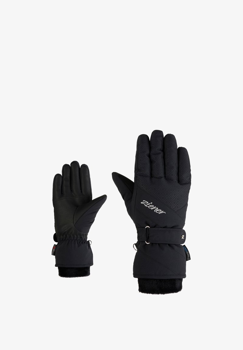 Gants d'hiver noirs avec un design texturé, sangle de poignet ajustable et doublure intérieure douce. Comprend un tissu élégant et un logo à l'arrière.