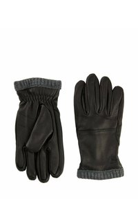 Zwarte leren handschoenen met een geribbeld grijs gebreid manchet, met een gladde textuur en een vijfvingerontwerp, geschikt voor koud weer.