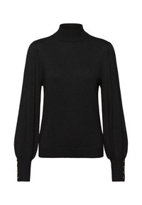 Pulover negru cu guler înalt și mâneci lungi volanate, cu guler și manșete ribbate, având accente cu butoane aurii pe manșetele mânecilor. Material tricotat moale.