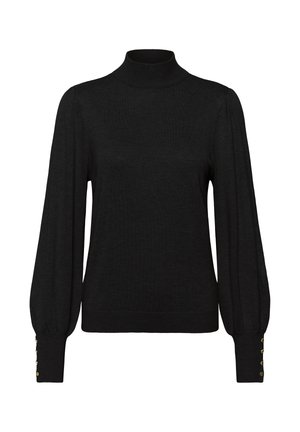 Zwarte coltrui met lange pofmouwen, geribbelde kraag en manchetten, met gouden knoopaccenten op de manchetten. Zacht gebreid materiaal.