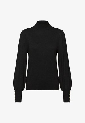 Black turtleneck sweater with long puff sleeves, ribbed collar and cuffs, featuring gold button accents on the sleeve cuffs. Soft knit material.