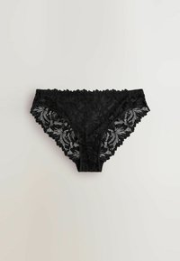 Czarne koronkowe majtki z kwiatowym wzorem, falistymi krawędziami i miękką fakturą. Mają półprzezroczyste panele po bokach oraz wygodny pas.
