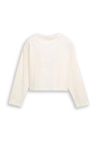 Camisetta corta a maniche lunghe di colore crema con collo a giro, mostrata da dietro su uno sfondo bianco.
