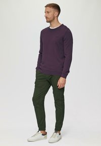 Violets kokvilnas džemperis ar apaļu kakla izgriezumu, apvienots ar zaļām šaurām biksēm un baltām sporta kedām. Ikdienišķais apģērbs ar ribotām aprocēm un apakšmalu.