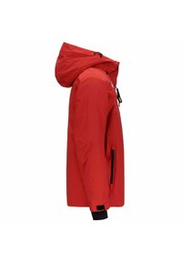 Giacca impermeabile rossa con cappuccio, tasca laterale con zip e polsini elastici. Tessuto liscio con un design elegante e moderno.