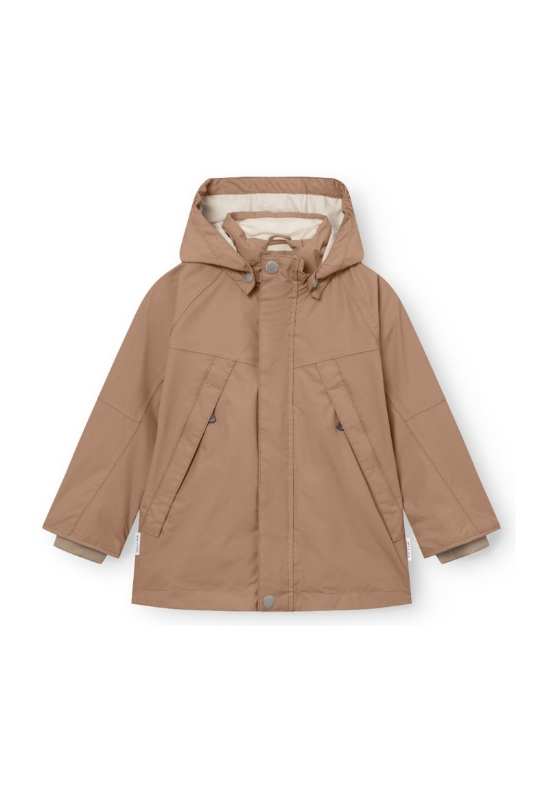 Light brown jacket with a hood, featuring front pockets, a zip closure, and stitching details. Material appears smooth and water-resistant.