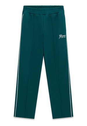 Dark green sweatpants with elastic waistband, white side stripes, and white "Guess EST. 1981" logo on the upper left leg.