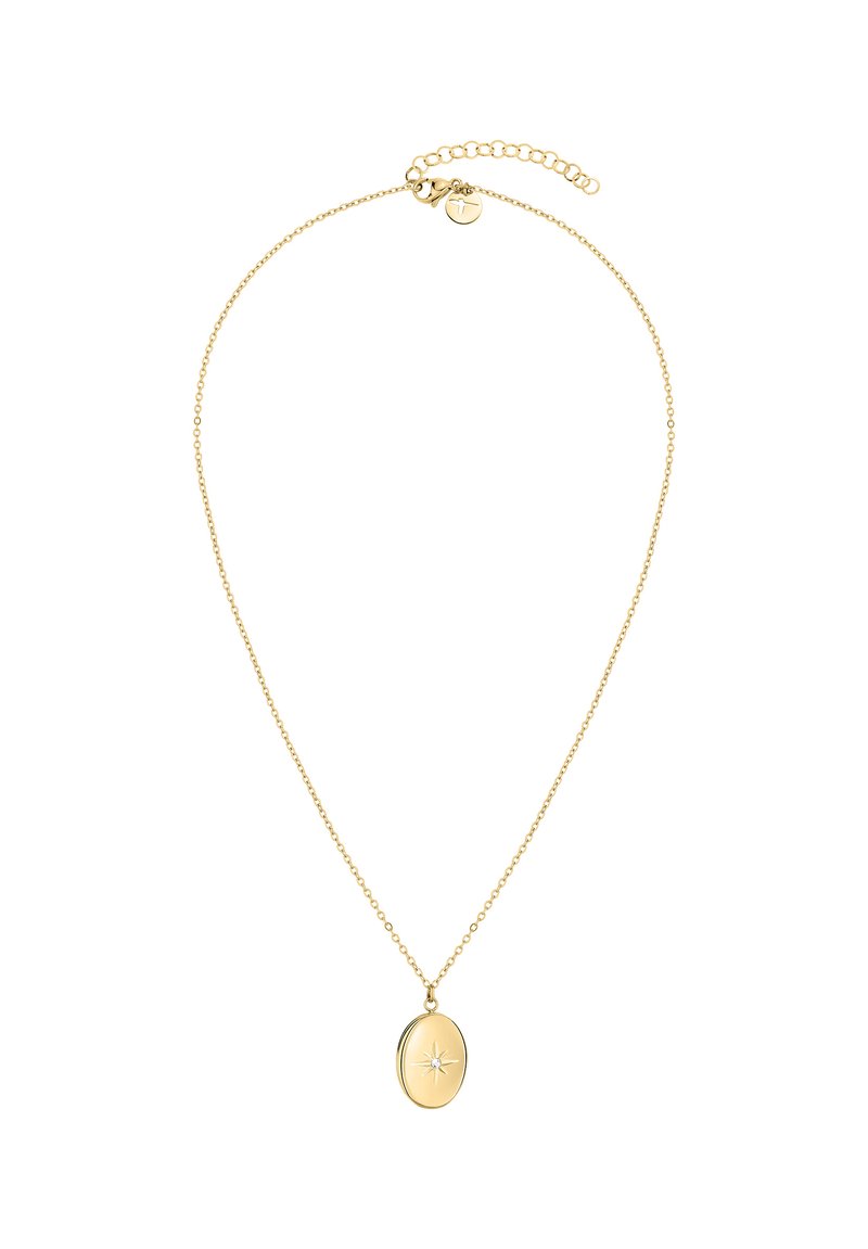 Collana d'oro con una catena sottile e un pendente ovale decorato con un design a stella scintillante al centro. Lunghezza regolabile.