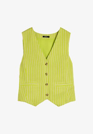 Jasnozielona bezrękawnik z pionowymi białymi i brązowymi paskami, dekolt w kształcie litery V, cztery guziki z przodu oraz dwie poziome kieszenie z rozcięciem.