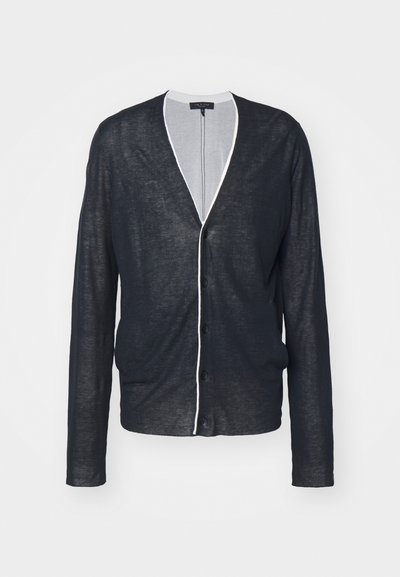 Temno modra cardigan iz lahkega materiala, z V-izrezom, dolgimi rokavi in belimi robovi ter gumbi.