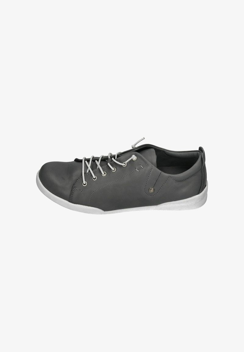 Gray leather sneaker with rounded toe, silver lace eyelets, and gray laces. Features a white rubber sole and minimal stitching details.