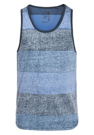 Varrukateta tank ülikond horisontaalsete triipudega erinevates sinistes toonides, millel on ümmargune kaelus ja pehme, tekstureeritud kangas.