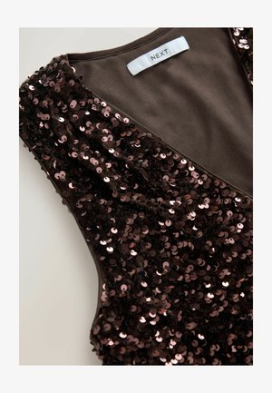 Brauner, mit Pailletten besetzter Top mit tiefem V-Ausschnitt, verziert mit rosa runden Pailletten und einem glatten Innenfutter, das mit "NEXT" beschriftet ist.