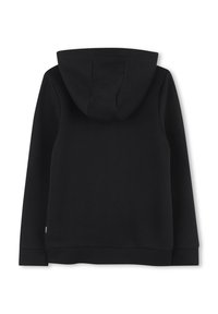 Svart hettegenser med kengurulomme, ribbestrikkede mansjetter og hem. Har en foret hette og myk, teksturert stoff. Ren, minimalistisk design.