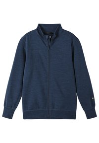 Mörkblå zip-jacka i texturerad kvalitet, med hög krage, långa ärmar och en diskret logotyp på ärmslutet.