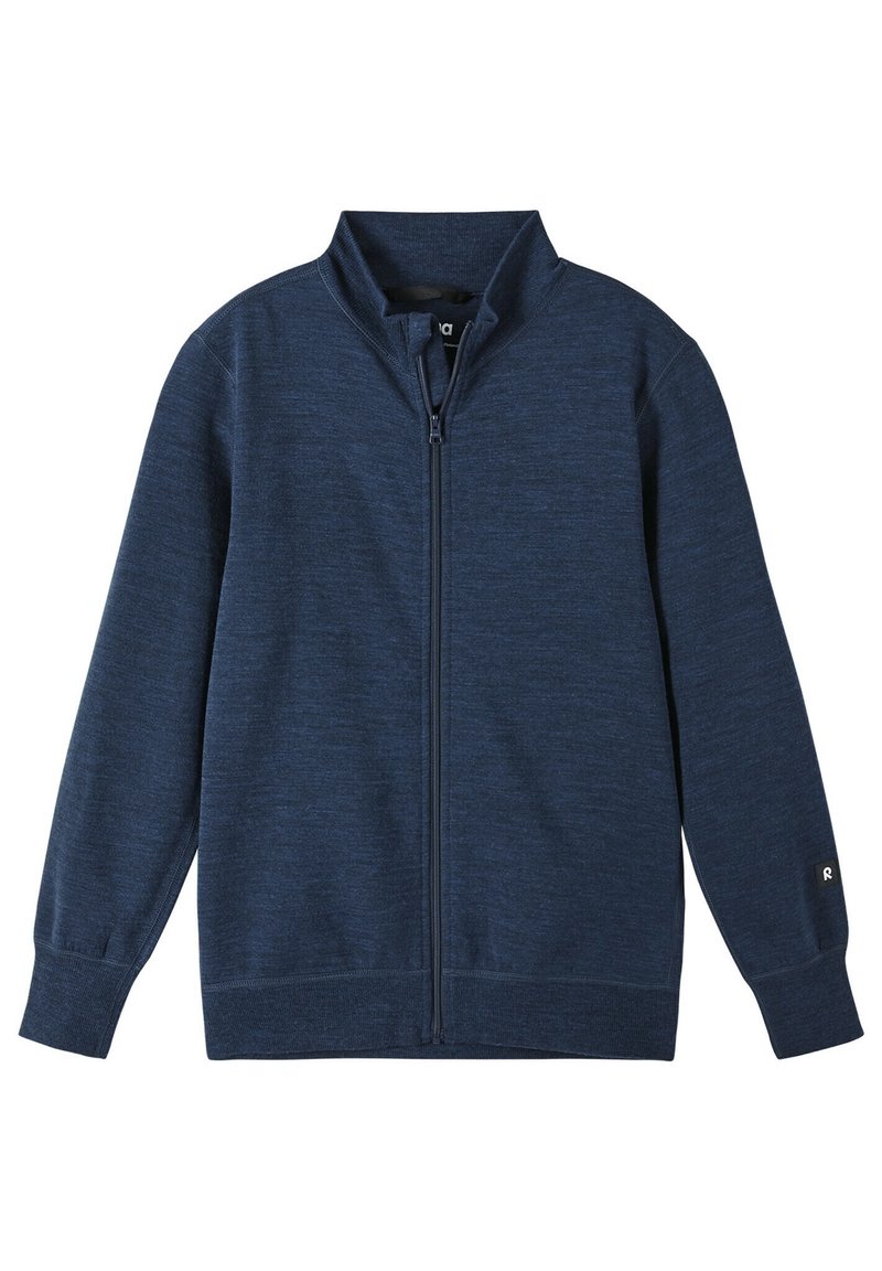 Mörkblå zip-jacka i texturerad kvalitet, med hög krage, långa ärmar och en diskret logotyp på ärmslutet.