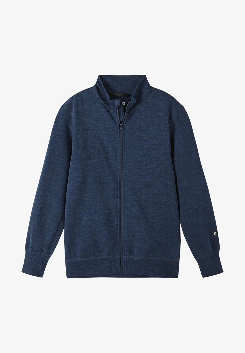 Mörkblå zip-jacka i texturerad kvalitet, med hög krage, långa ärmar och en diskret logotyp på ärmslutet.