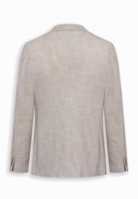 Blazer da uomo beige chiaro con un delicato motivo a spina di pesce, maniche lunghe e polsini con bottoni, mostrato da dietro.