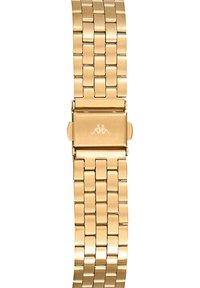 Guldtonad metallerarmband med en vävd länkdesign. Har en polerad finish och en spänne med logodetalj i mitten.