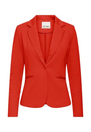 Blazer pour femmes rouge vif, cintré, avec revers crantés, fermeture à un bouton et deux poches passepoilées à l'avant.