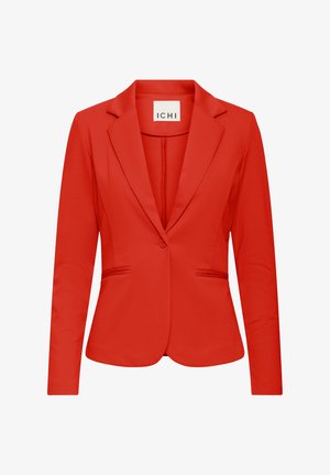 Jasnoczerwona dopasowana damska marynarka z wyciętymi klapami, zapięciem na jeden guzik oraz dwoma przednimi kieszeniami w szwie.