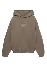 Brown oversized hoodie with front text "Authentic Gallery" in small white font, featuring a large hood and ribbed cuffs and hem.