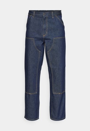 Mörkblå denimjeans med hög midja, rak bendesign, kontrasterande sömmar och fickor på framsidan.