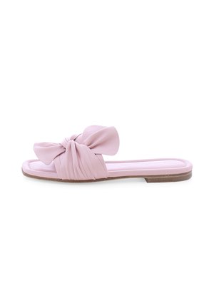 Pink flat sandal featuring a knotted fabric upper, smooth texture, open toe design, and a minimalist sole with a slight tan accent.