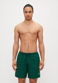 Shorts de înot verzi, confecționați dintr-un material ușor, având un brâu elastic cu șnur și un detaliu mic cu logo în față.