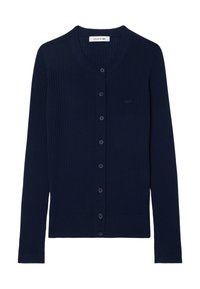 Cardigan a costine blu navy realizzato in tessuto morbido, con scollo rotondo, chiusura con bottoni e logo ricamato sul lato sinistro.